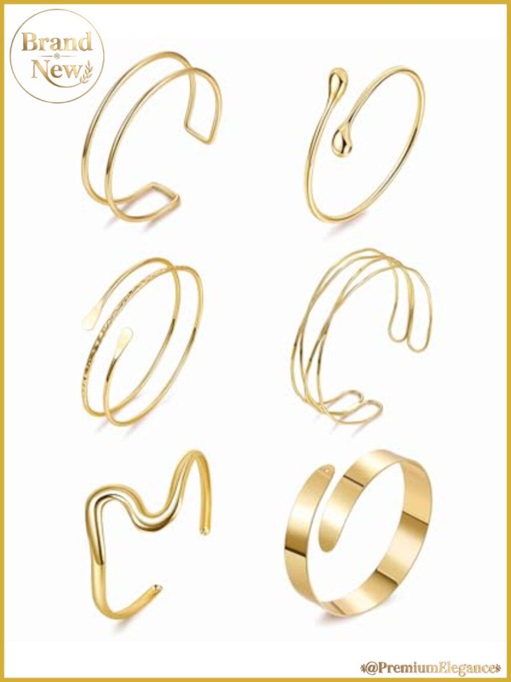 6 Piece Gold Upper Arm Cuff Bracelets Set for Women, Adjustable Brass Arm